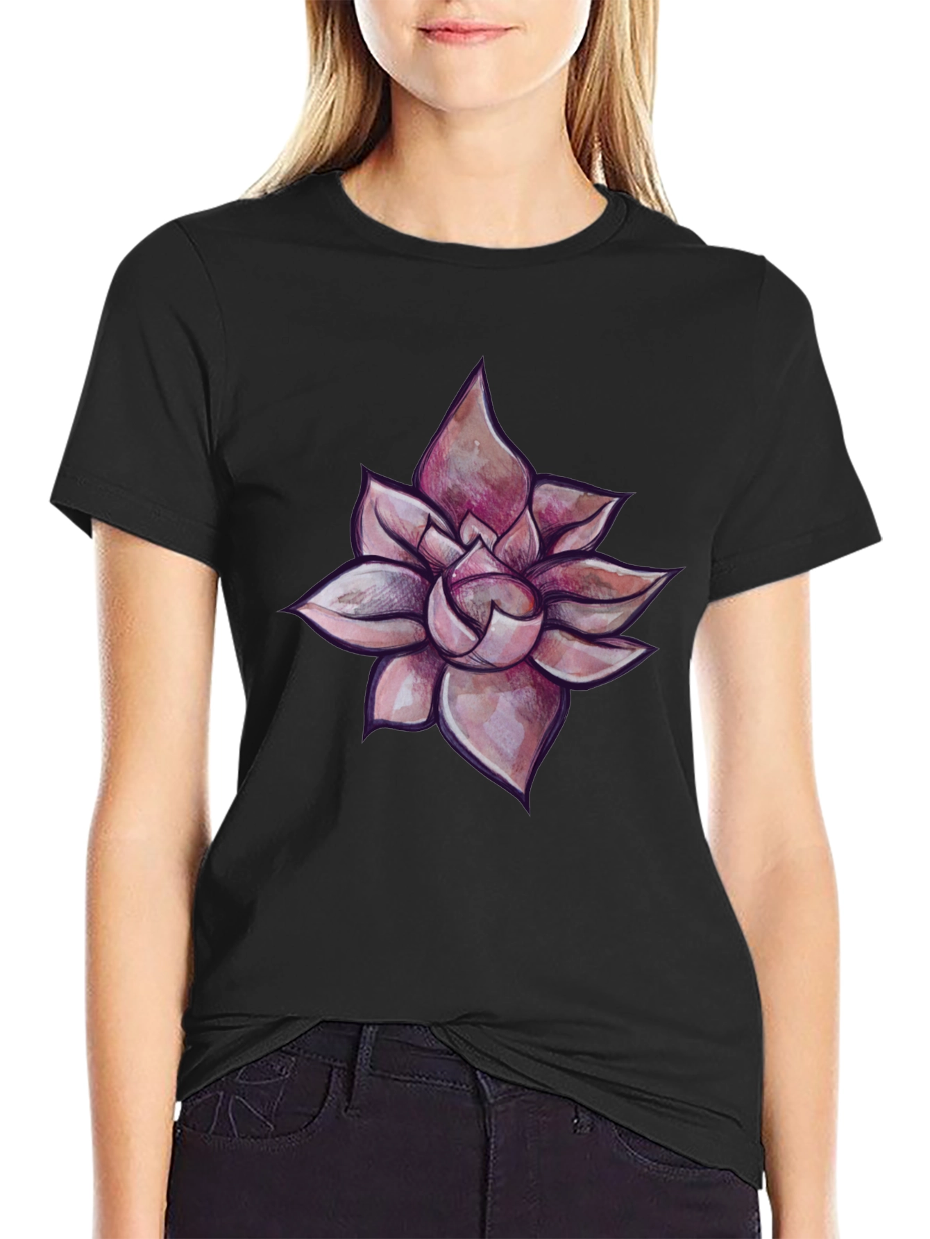 Black T-Shirt with Succulent Design