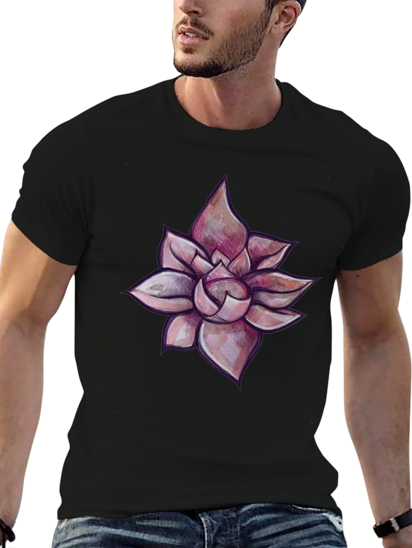 Black T-Shirt with Succulent Design
