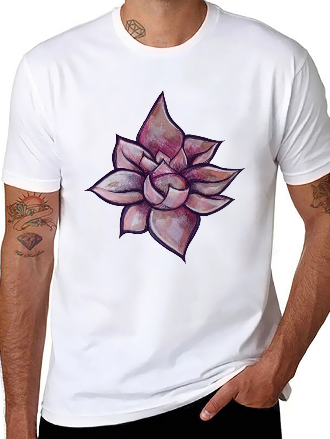Black T-Shirt with Succulent Design