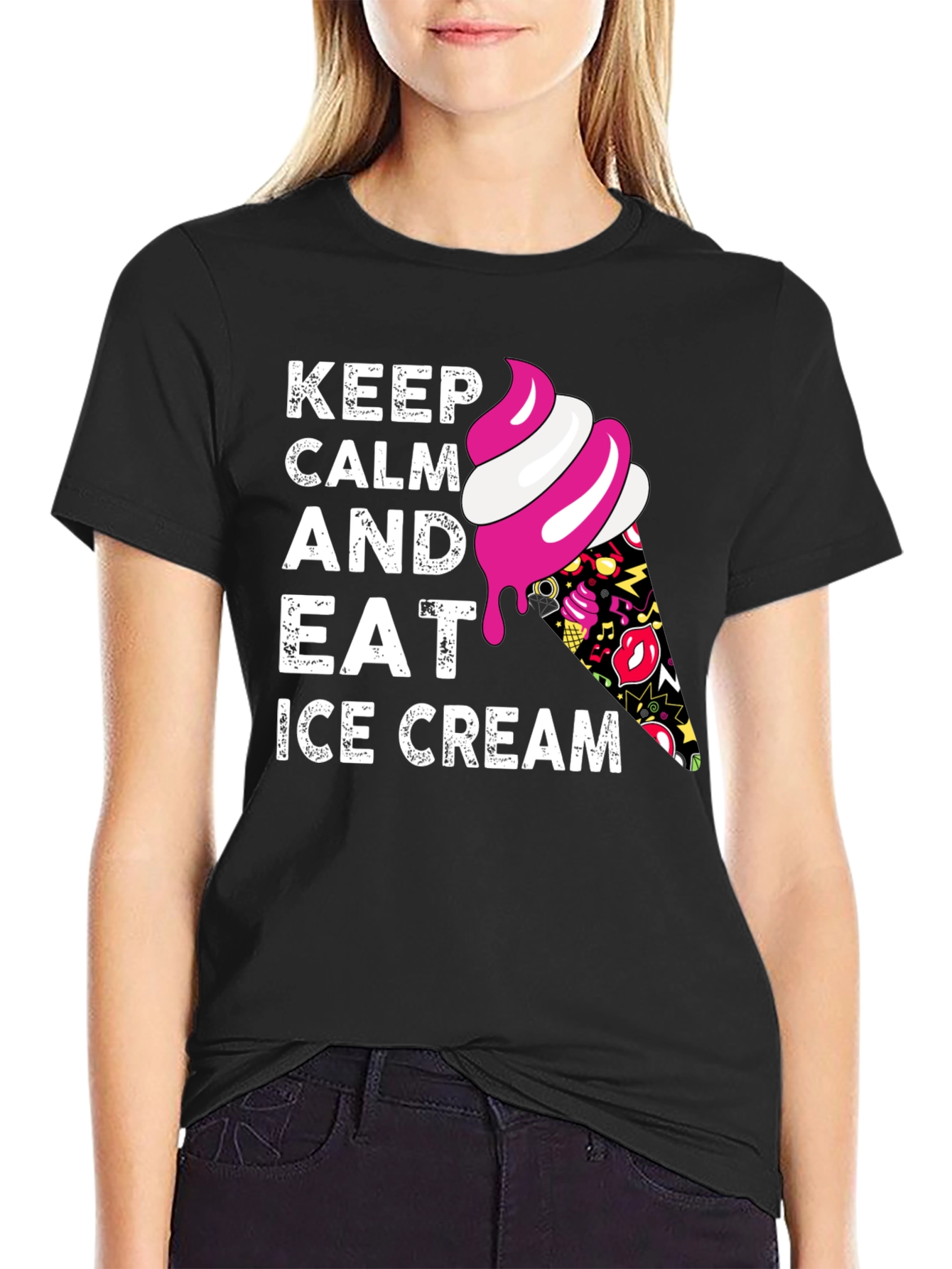 Keep Calm and Eat Ice Cream Black T-Shirt