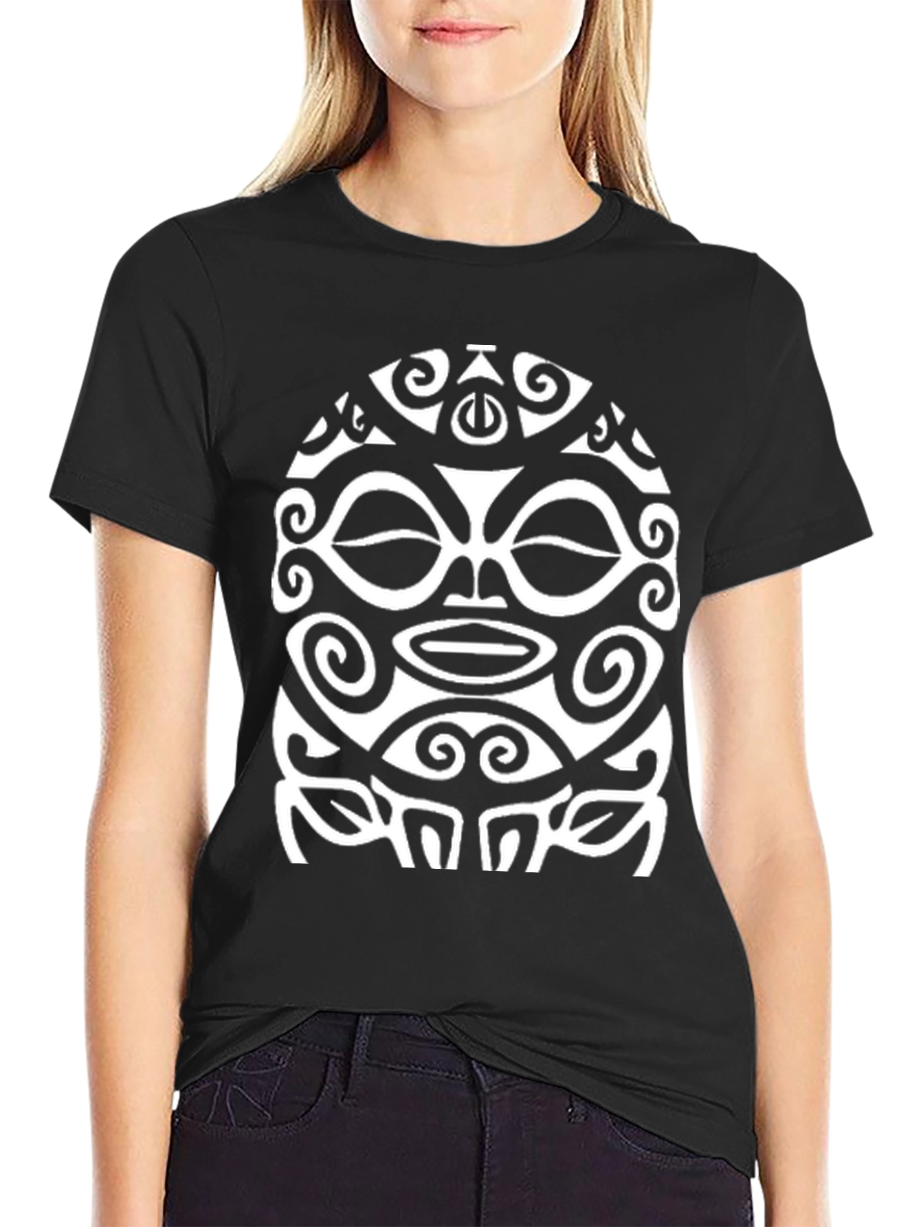 Tribal Mask Graphic Tee - Black Cotton Shirt