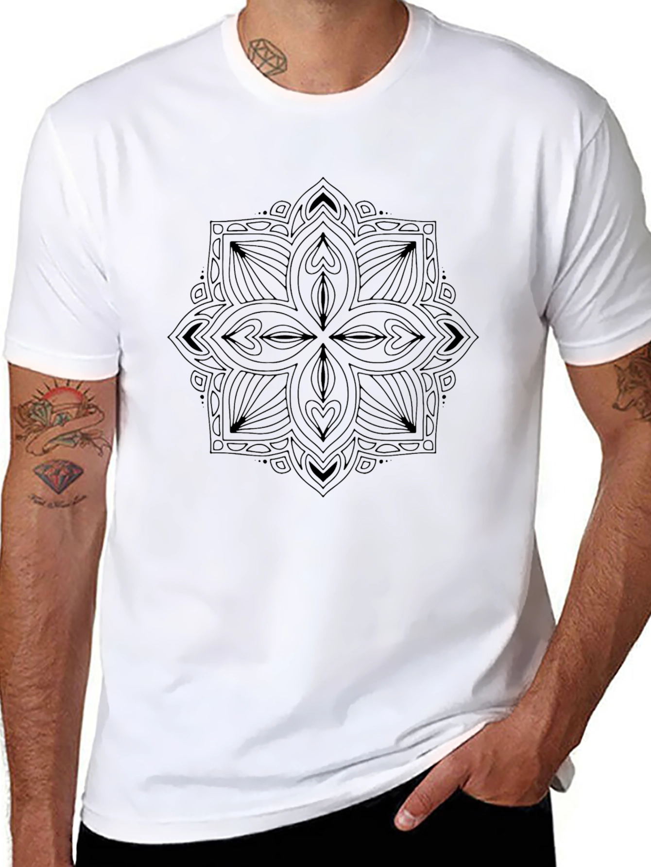 Black Tee with Geometric Mandala Design