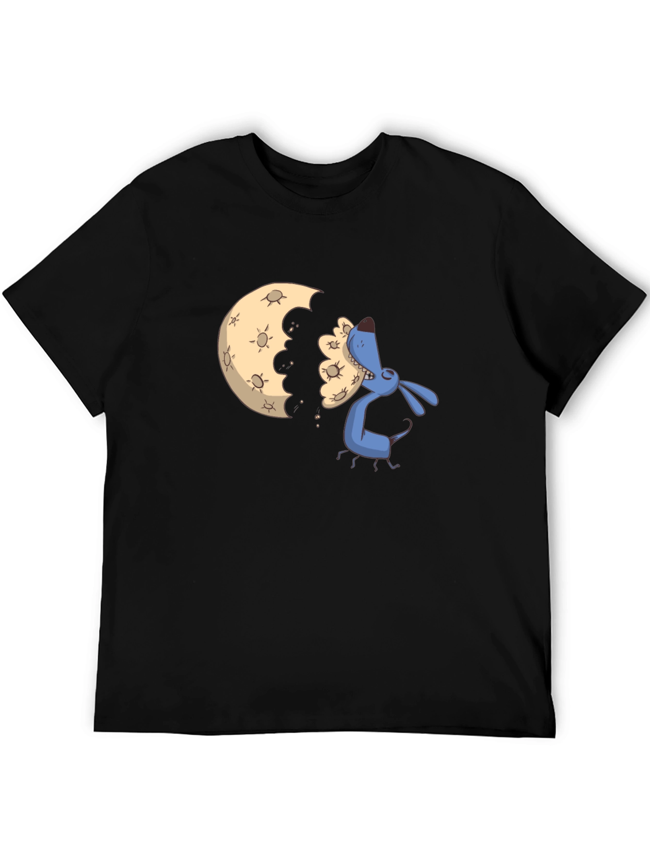 Cartoon Moon Eating Dog Black T-Shirt