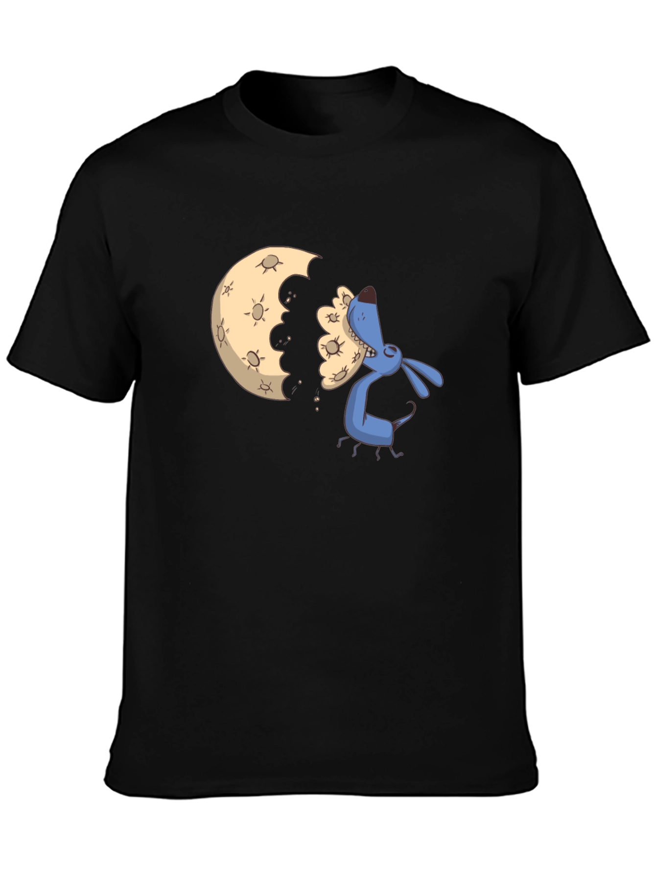 Cartoon Moon Eating Dog Black T-Shirt