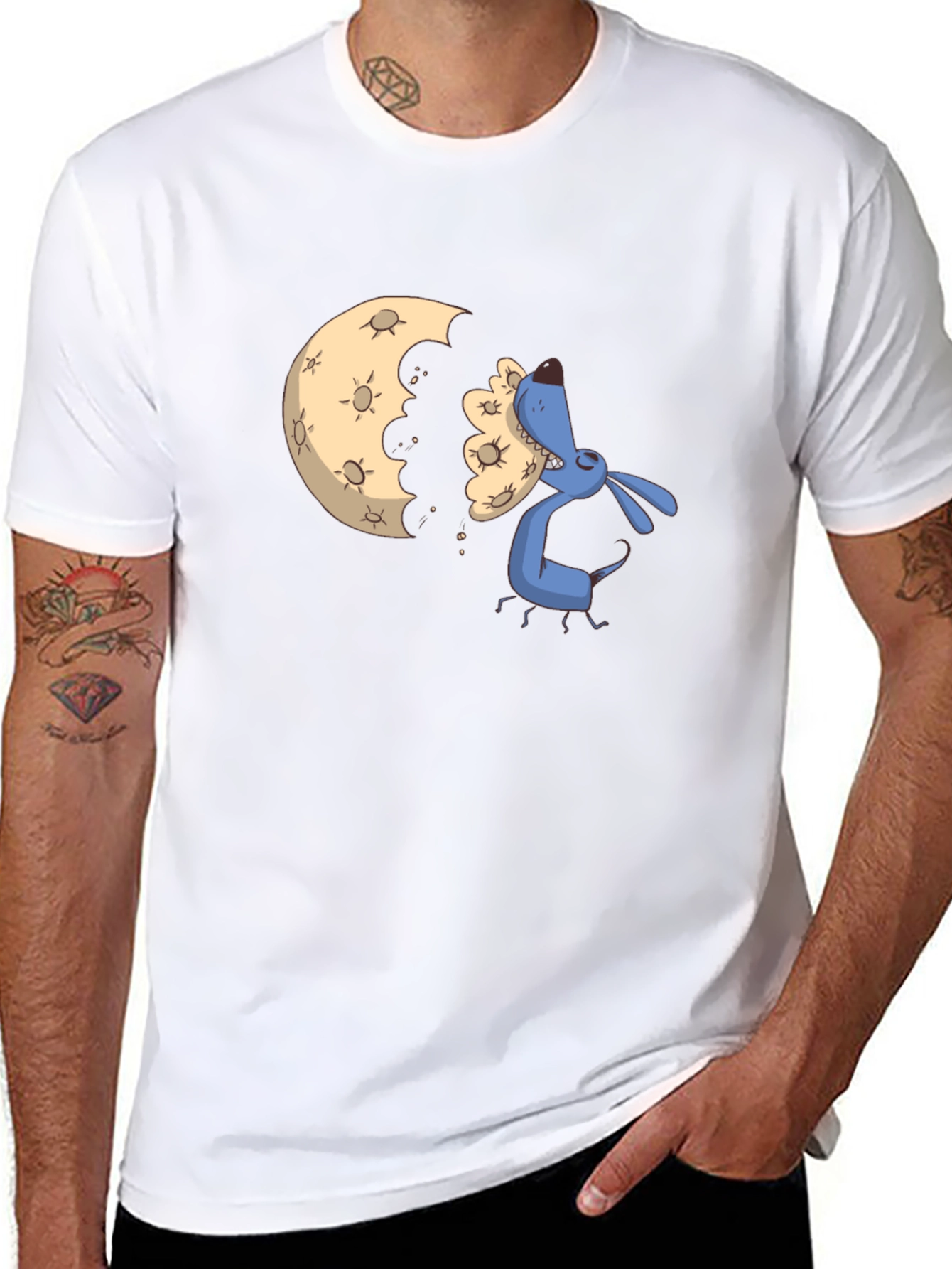 Cartoon Moon Eating Dog Black T-Shirt