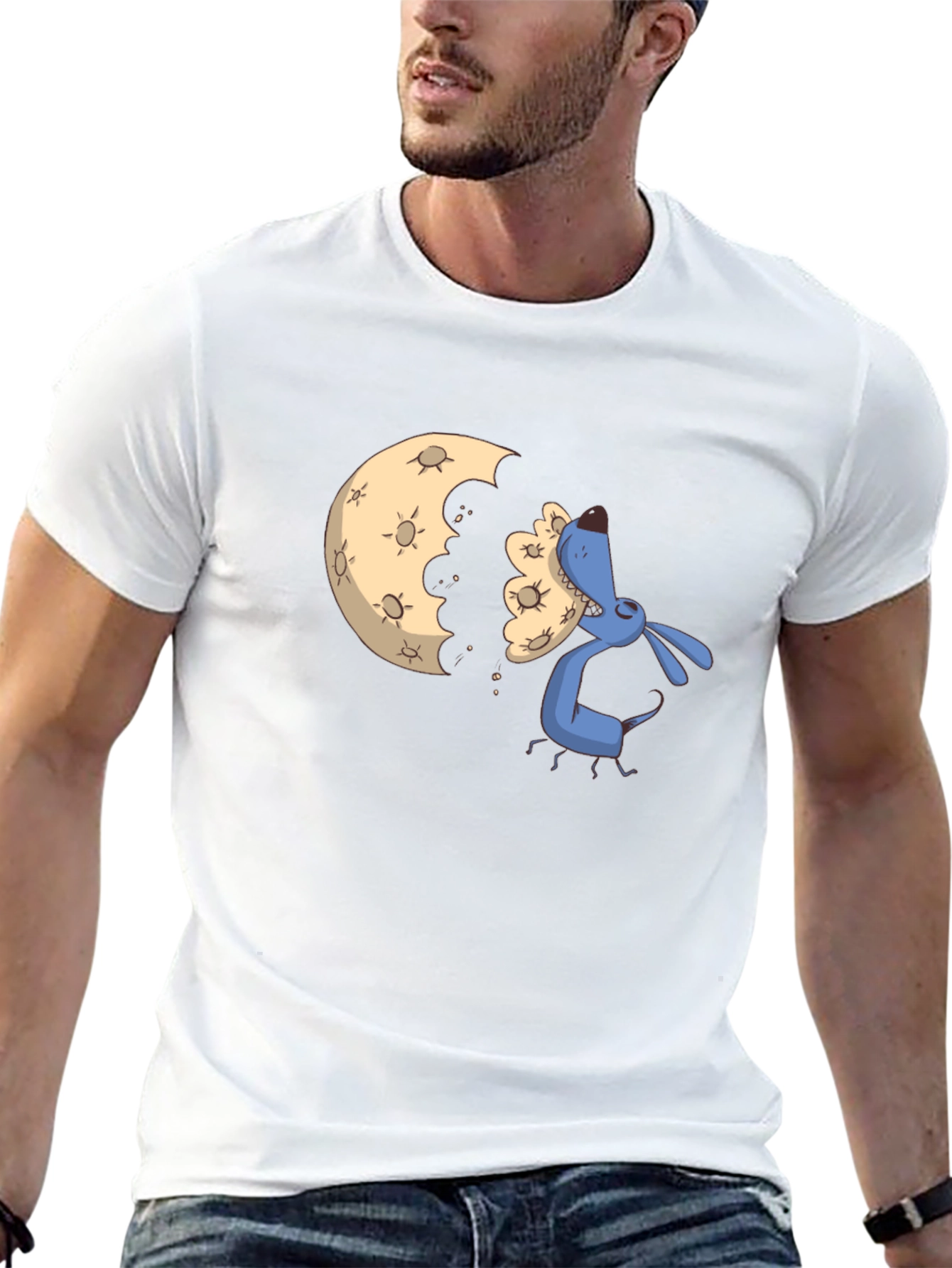 Cartoon Moon Eating Dog Black T-Shirt