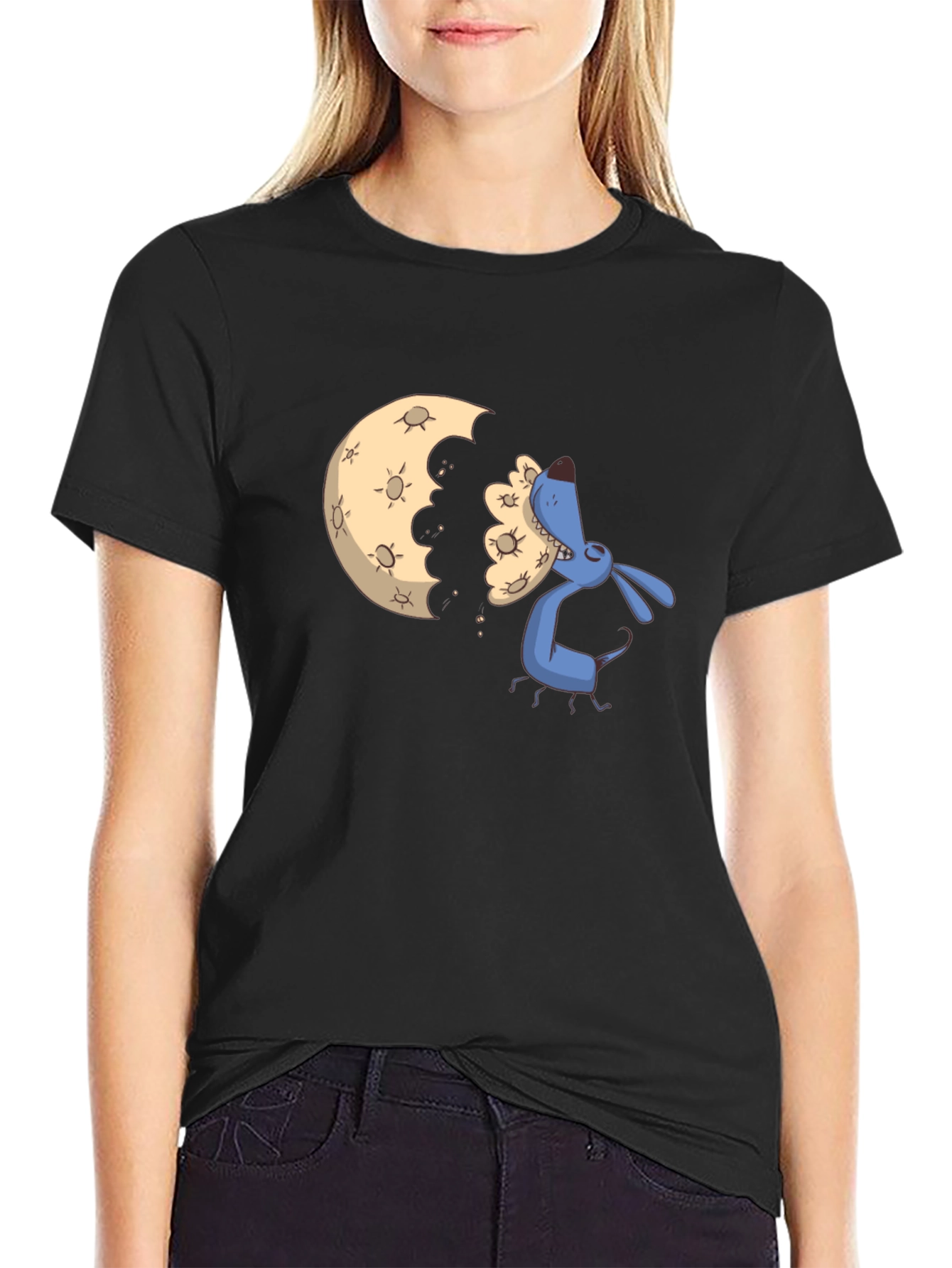 Cartoon Moon Eating Dog Black T-Shirt