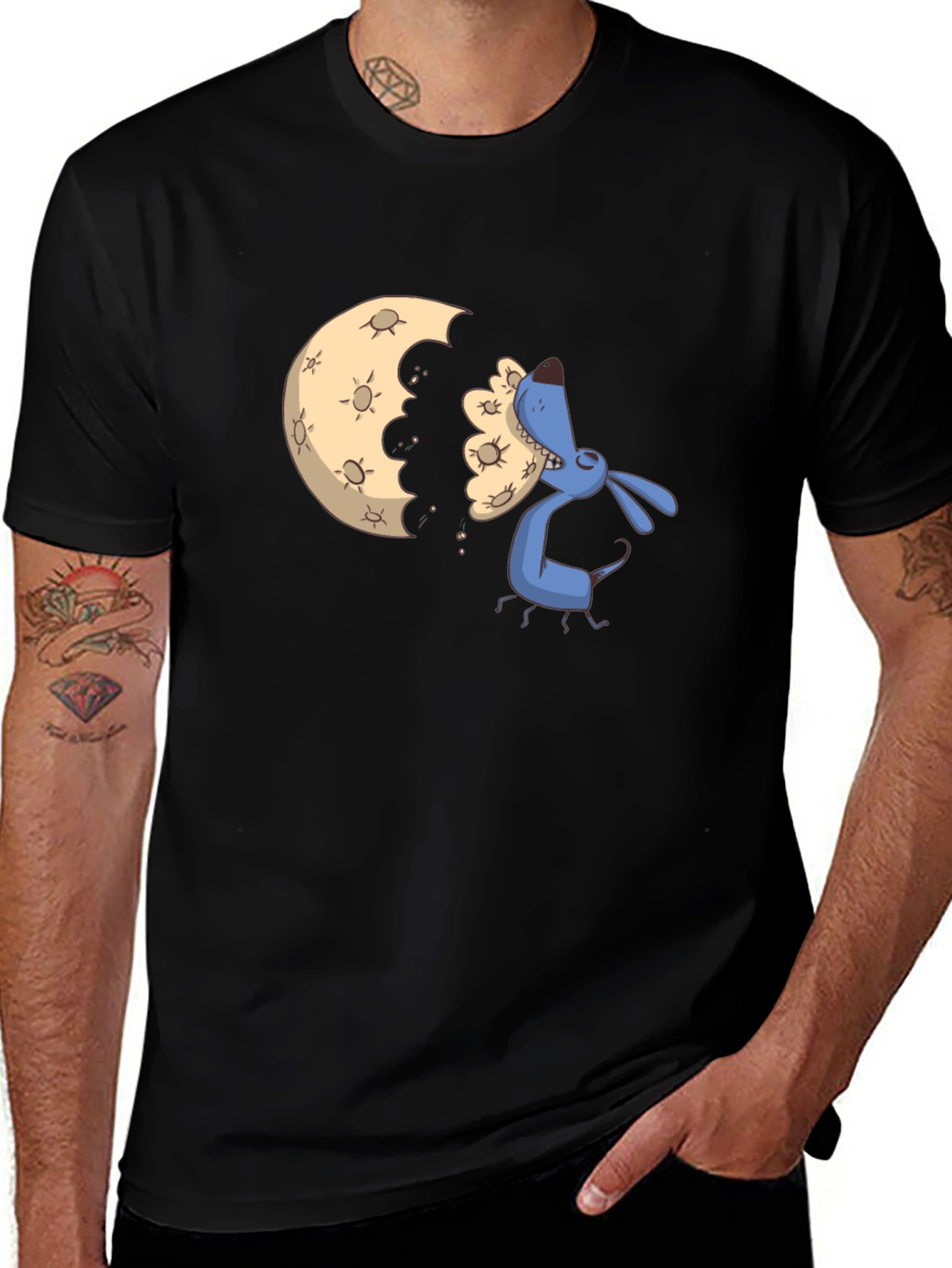 Cartoon Moon Eating Dog Black T-Shirt