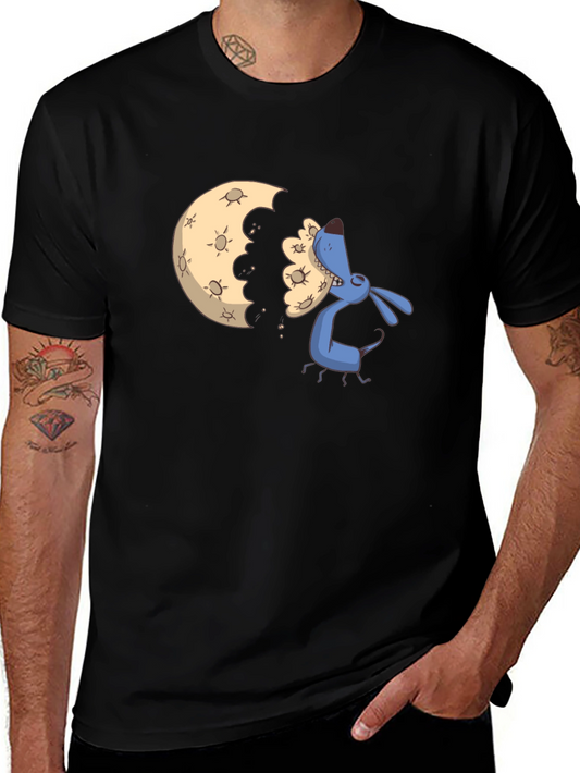 Cartoon Moon Eating Dog Black T-Shirt