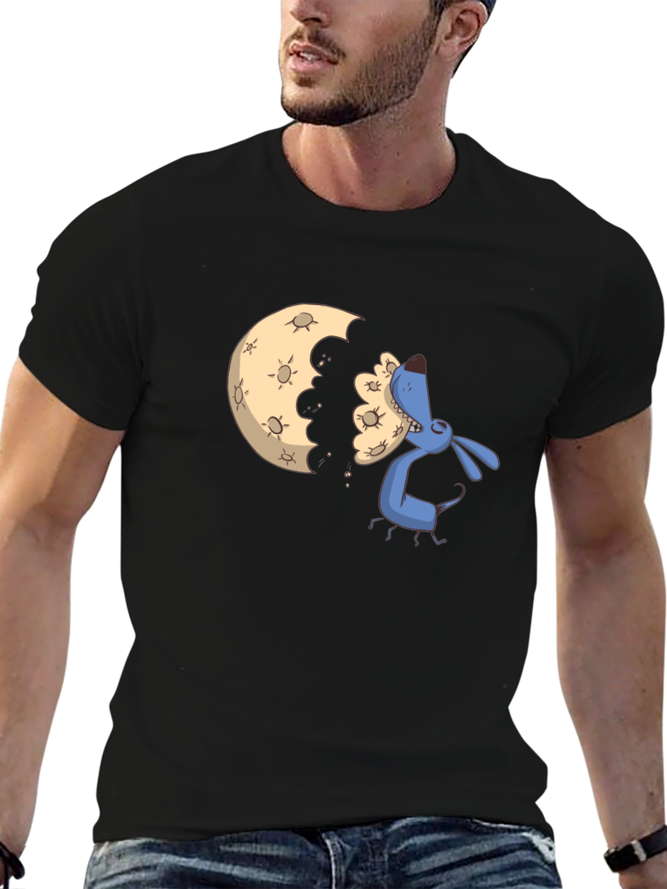 Cartoon Moon Eating Dog Black T-Shirt