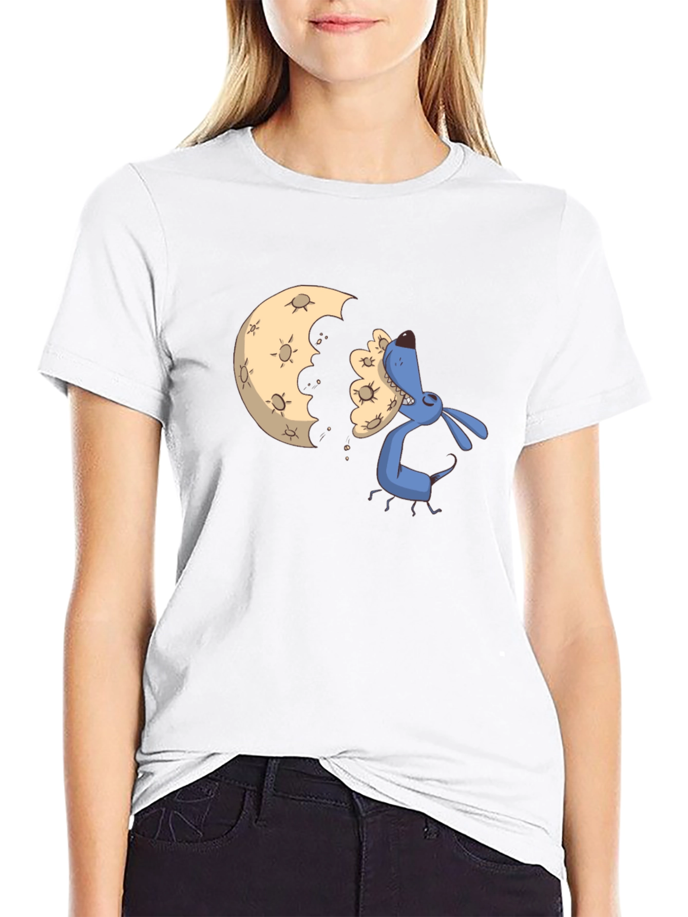 Cartoon Moon Eating Dog Black T-Shirt