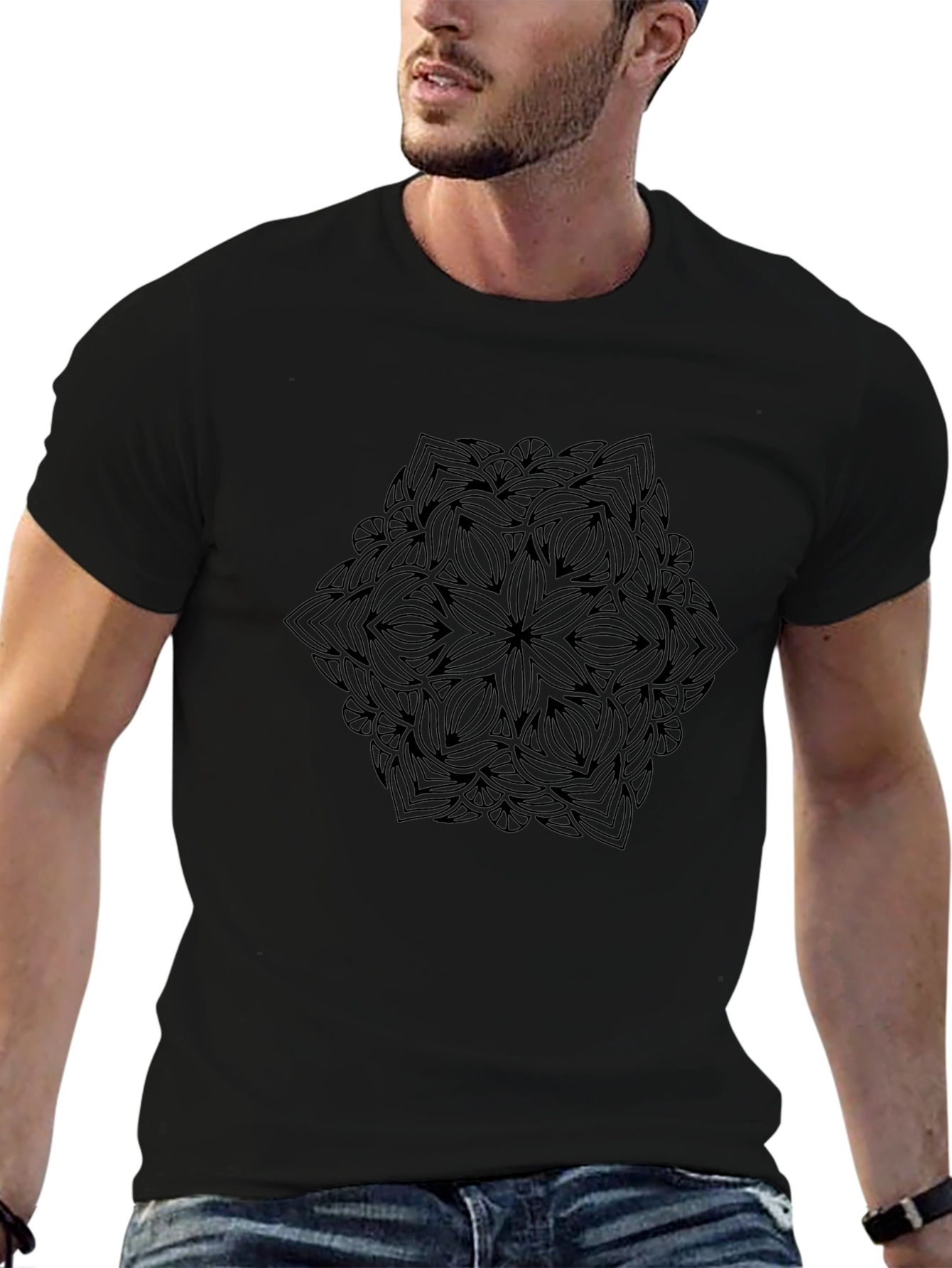 Black Mandala Print Crew Neck T-Shirt
