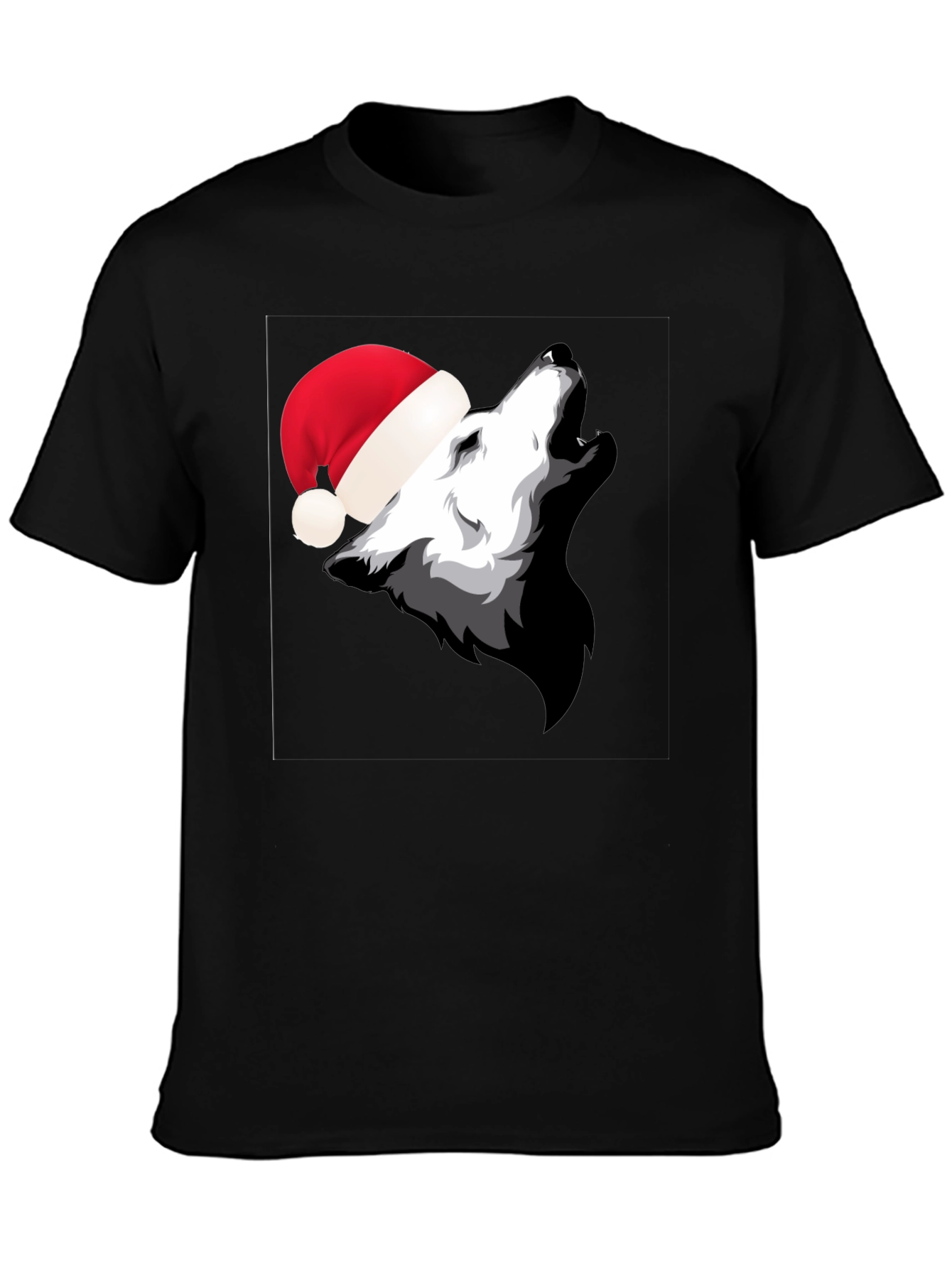 Wolf Howling in Santa Hat Black T-Shirt