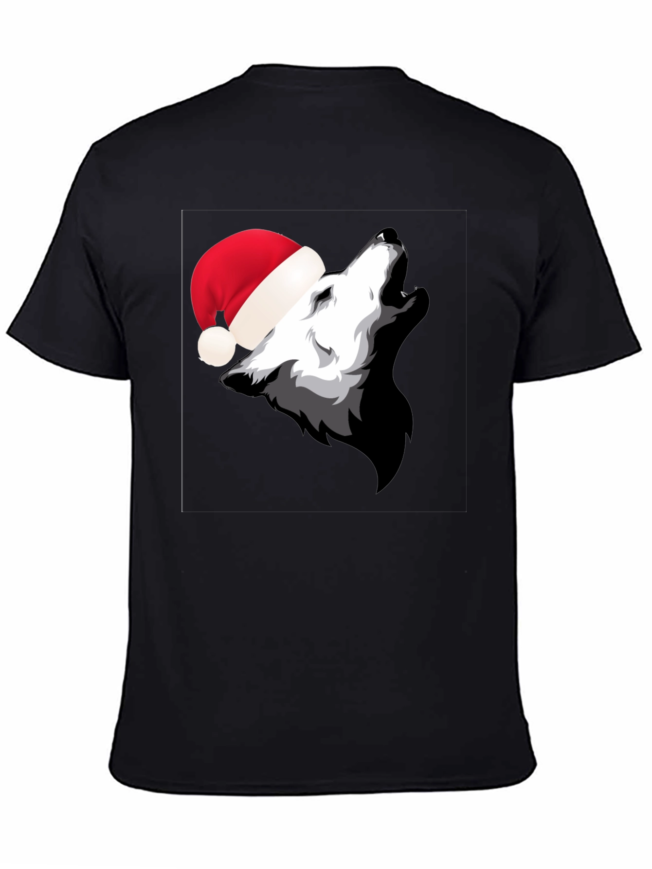 Wolf Howling in Santa Hat Black T-Shirt