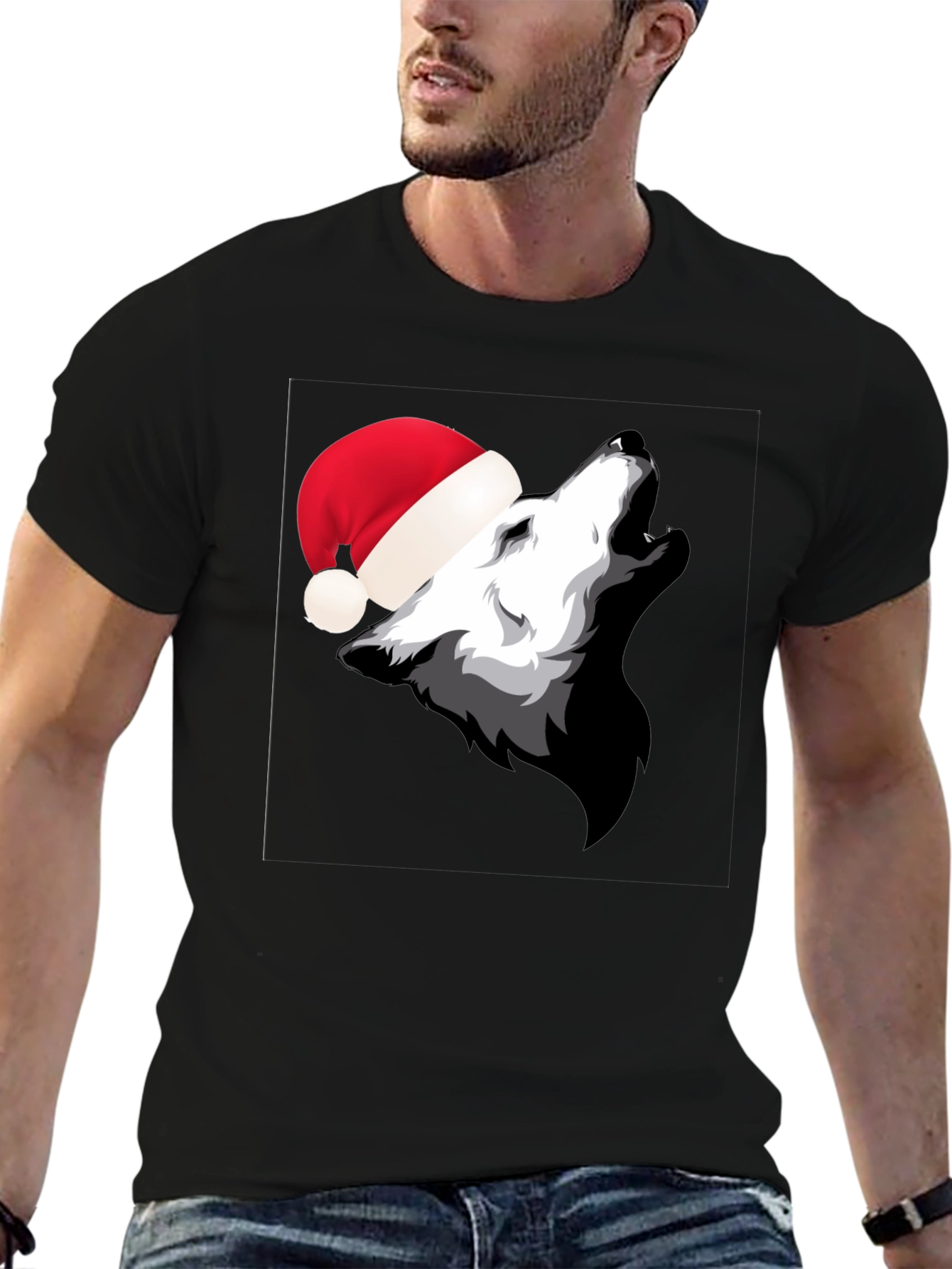 Wolf Howling in Santa Hat Black T-Shirt