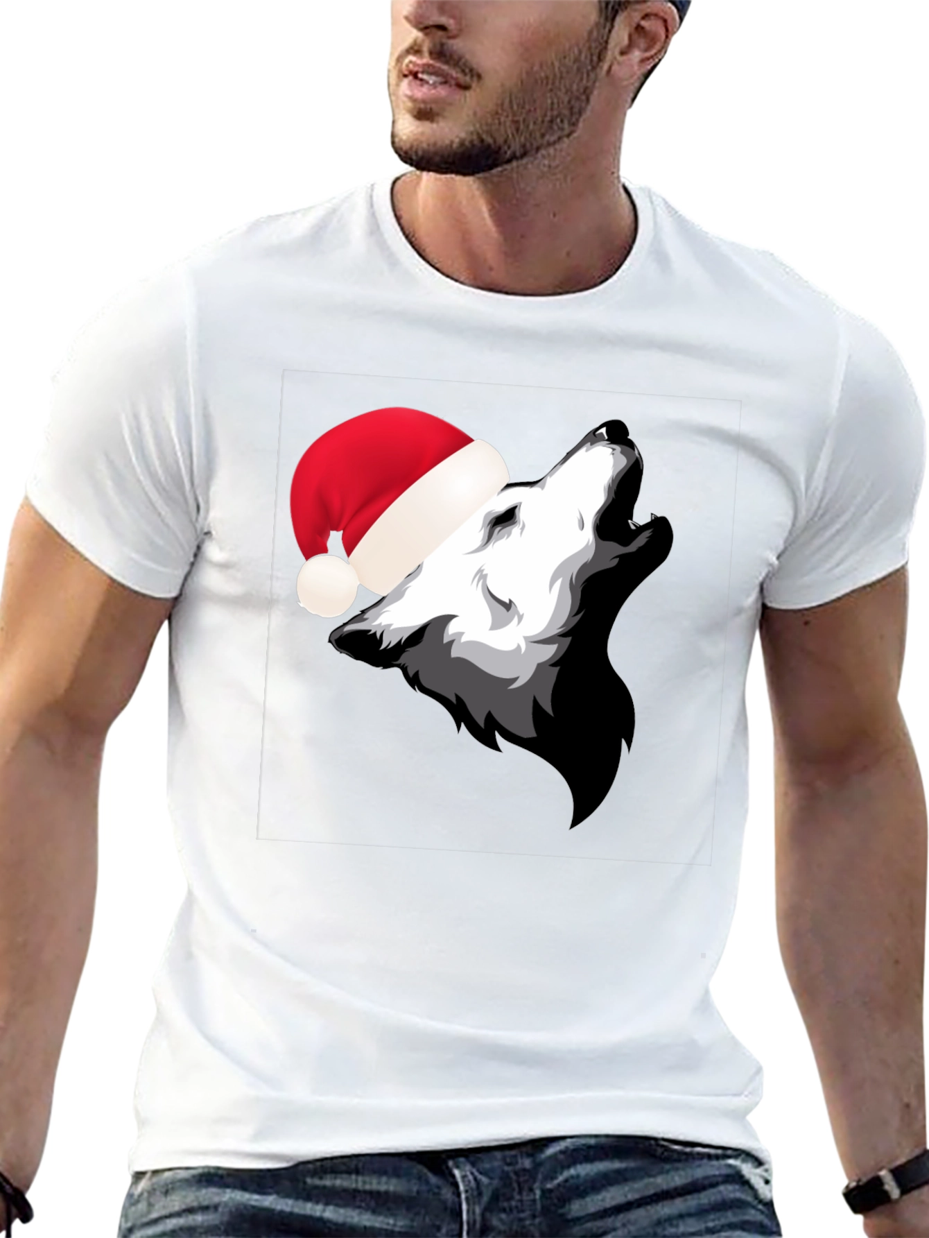 Wolf Howling in Santa Hat Black T-Shirt