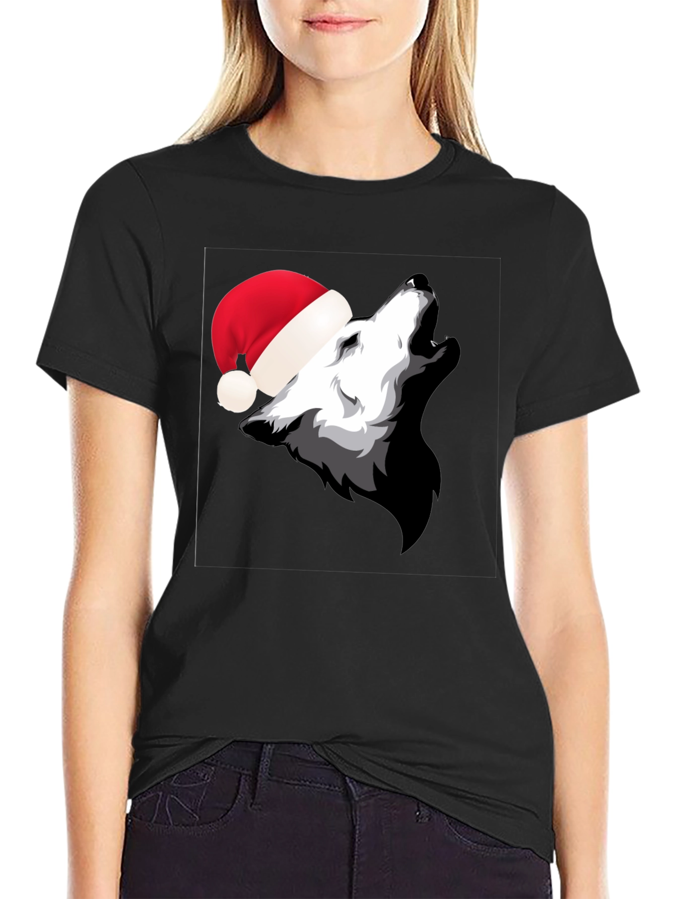 Wolf Howling in Santa Hat Black T-Shirt