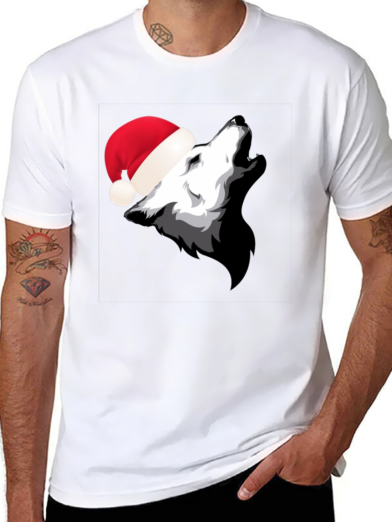 Wolf Howling in Santa Hat Black T-Shirt