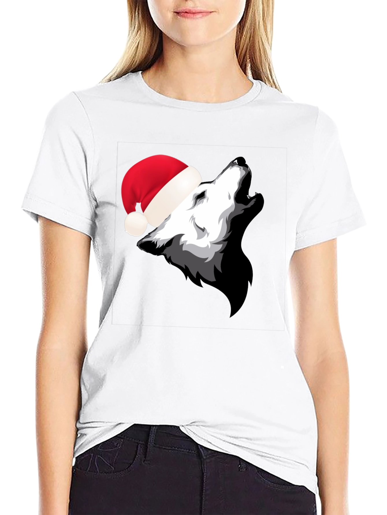 Wolf Howling in Santa Hat Black T-Shirt