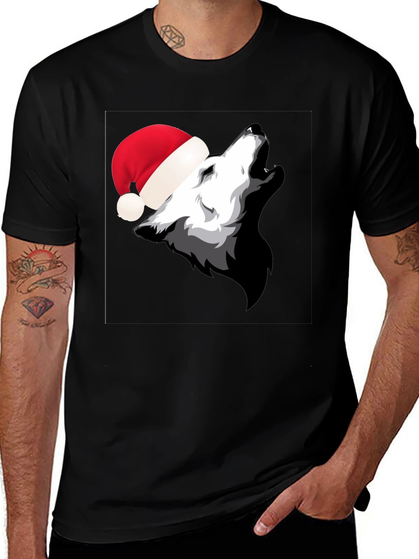Wolf Howling in Santa Hat Black T-Shirt
