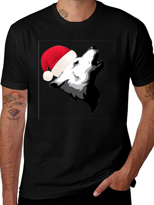 Wolf Howling in Santa Hat Black T-Shirt
