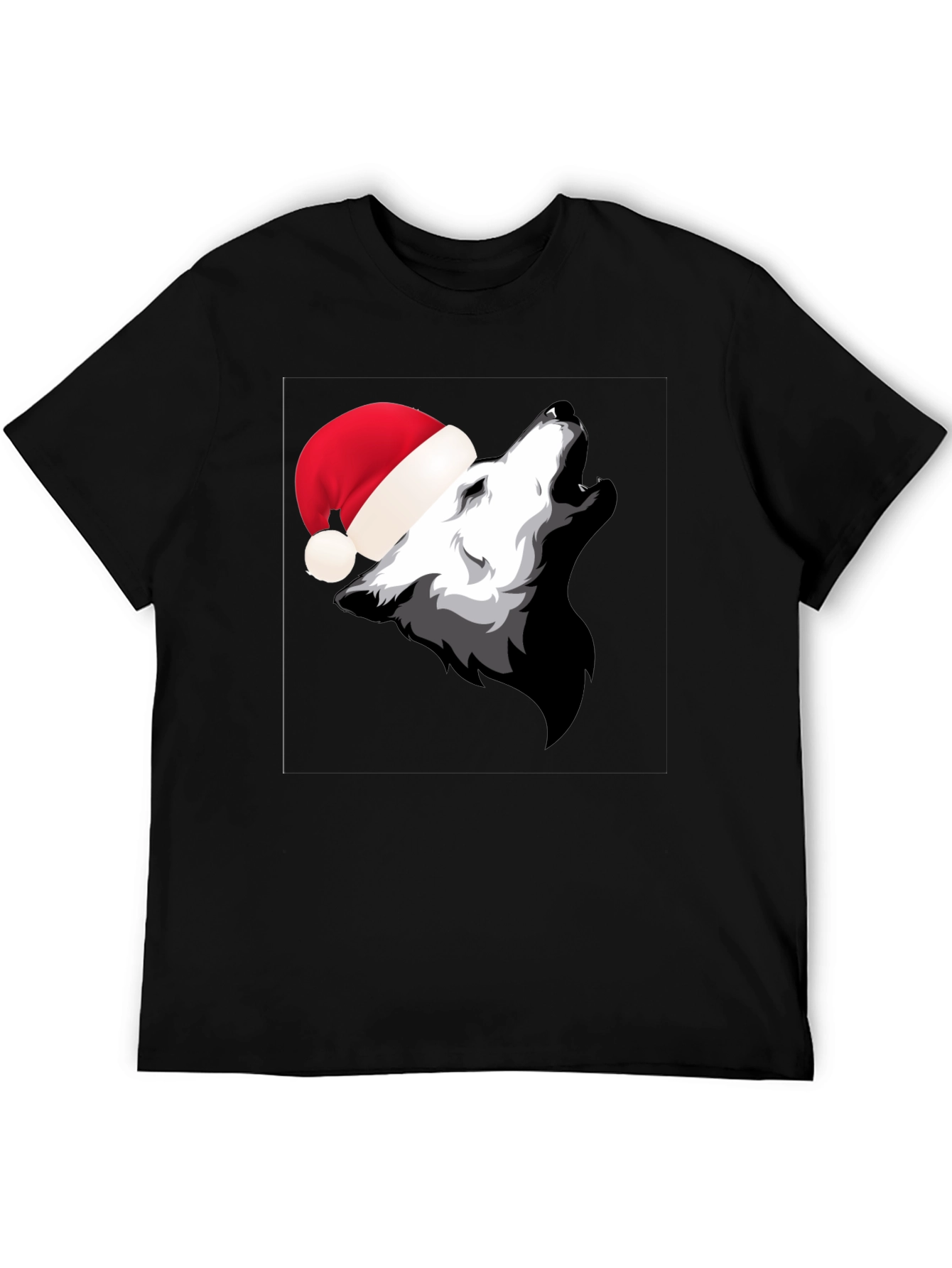 Wolf Howling in Santa Hat Black T-Shirt