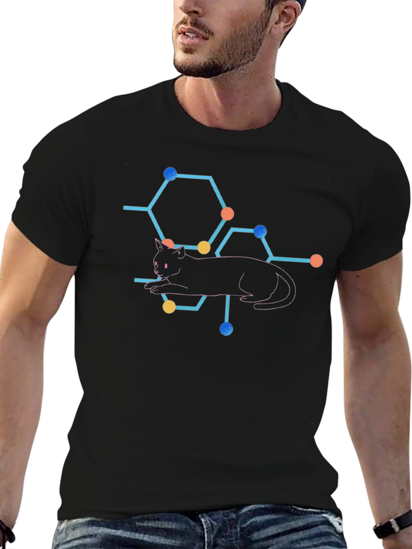 Cat Molecule Graphic Print T-Shirt