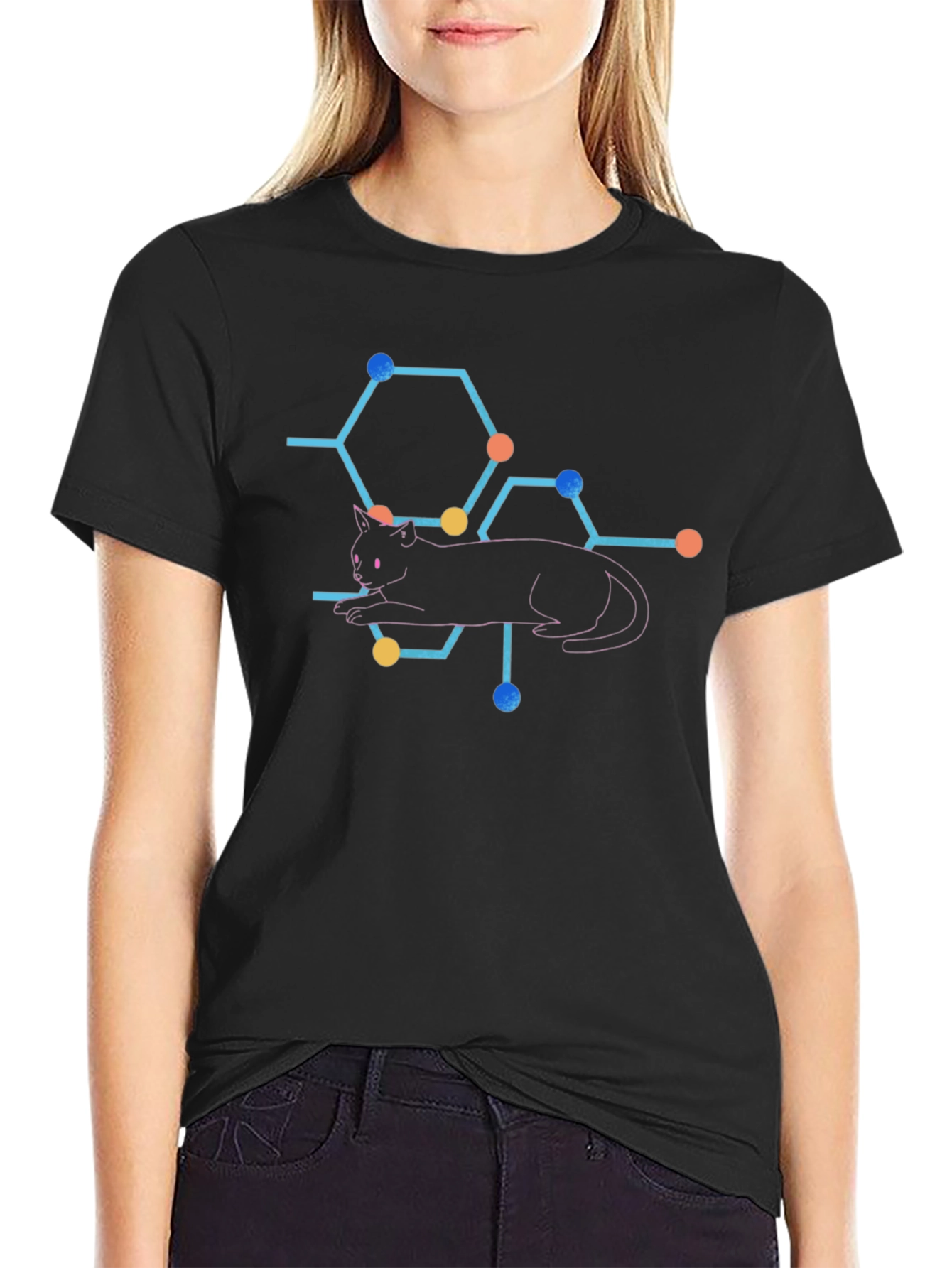 Cat Molecule Graphic Print T-Shirt