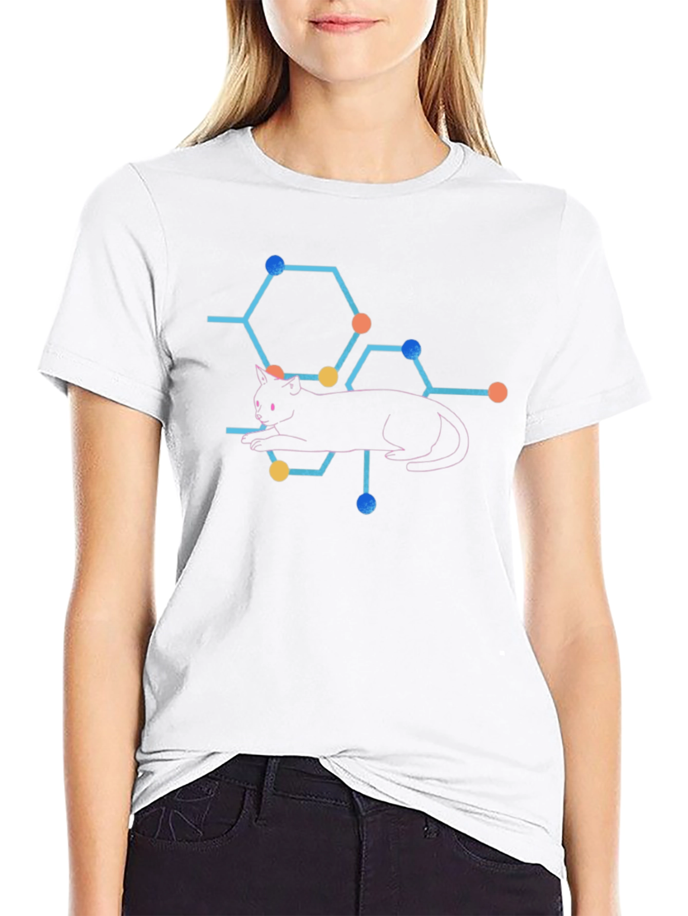 Cat Molecule Graphic Print T-Shirt