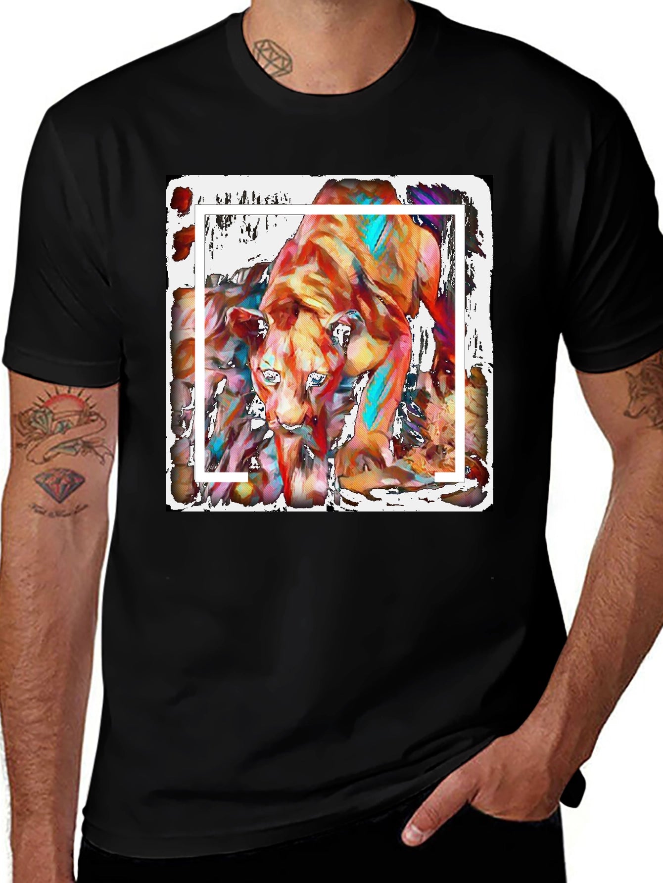 Abstract Lion Graphic Print Black T-Shirt