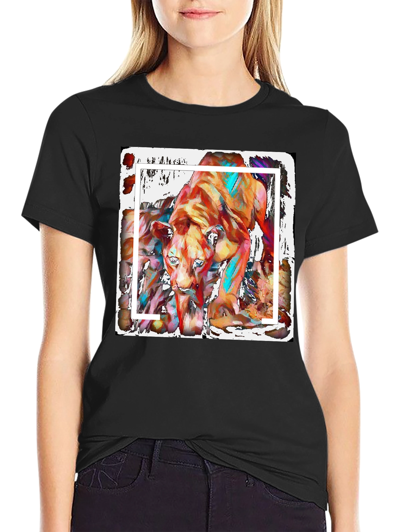 Abstract Lion Graphic Print Black T-Shirt