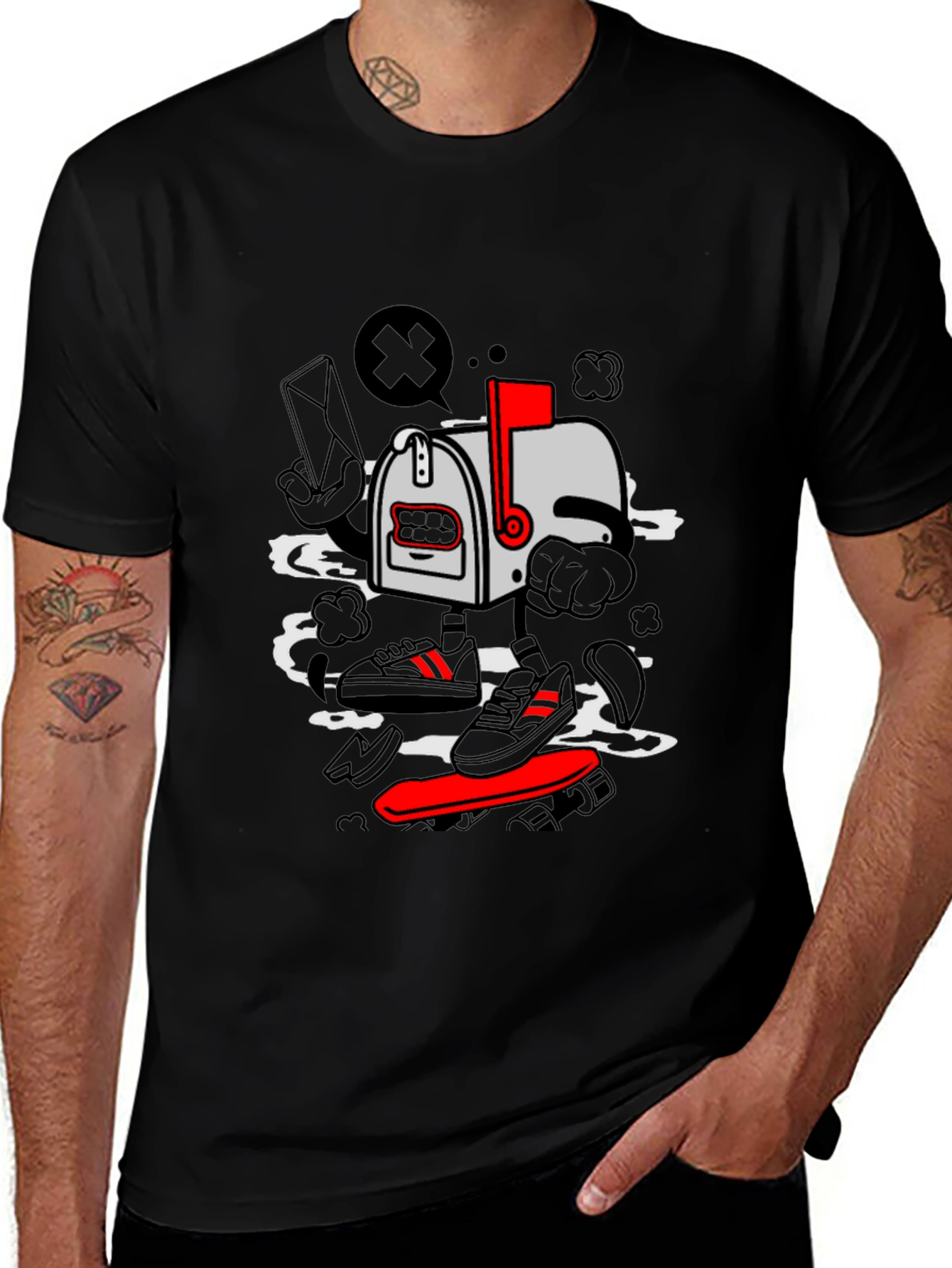 Cartoon Mailbox Skateboard Graphic T-Shirt
