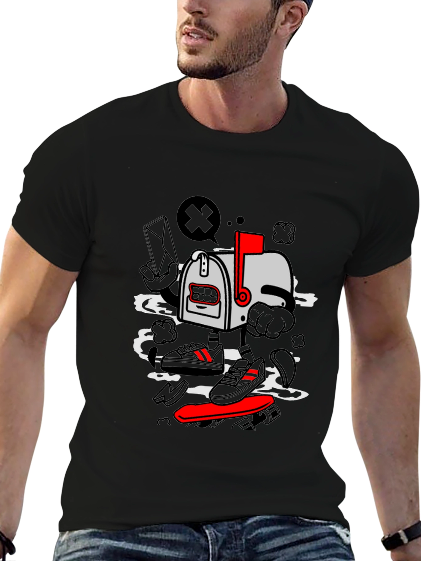 Cartoon Mailbox Skateboard Graphic T-Shirt