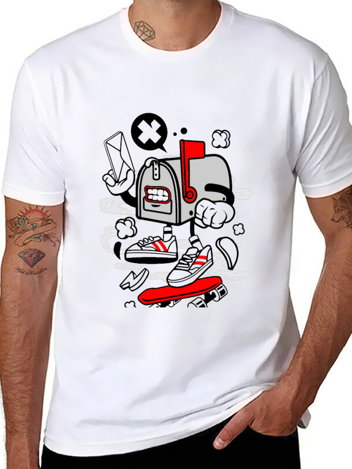 Cartoon Mailbox Skateboard Graphic T-Shirt