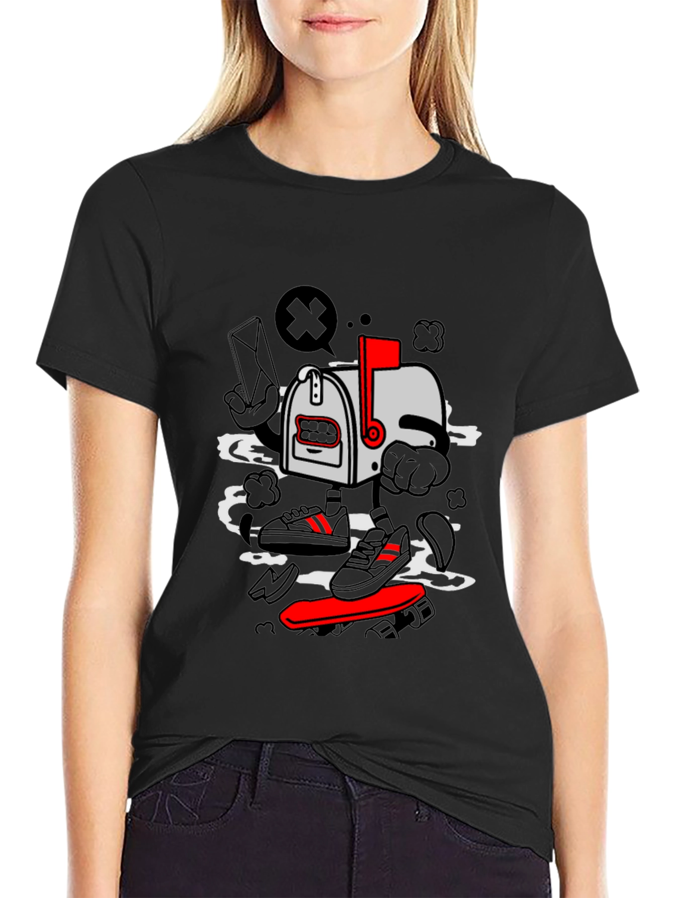Cartoon Mailbox Skateboard Graphic T-Shirt