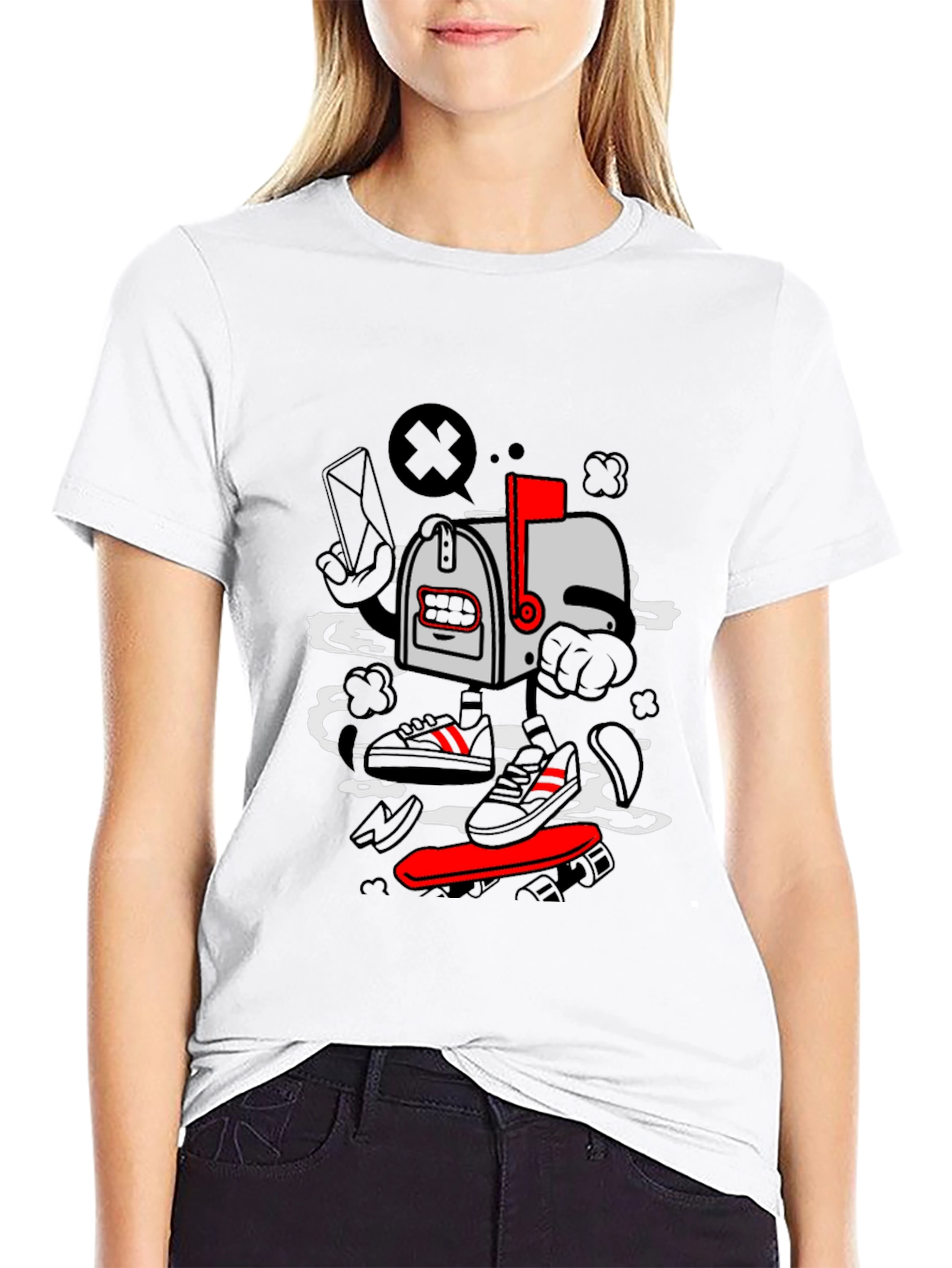 Cartoon Mailbox Skateboard Graphic T-Shirt