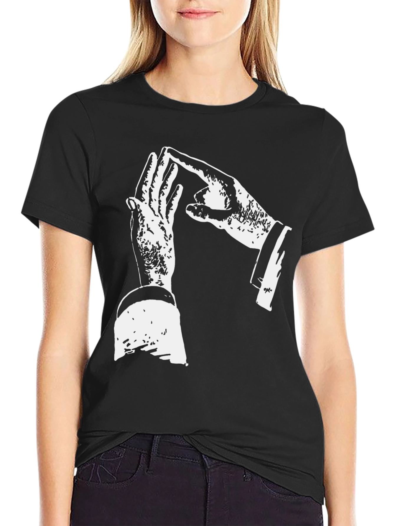 Unique Hand Gesture Graphic Print Black T-Shirt