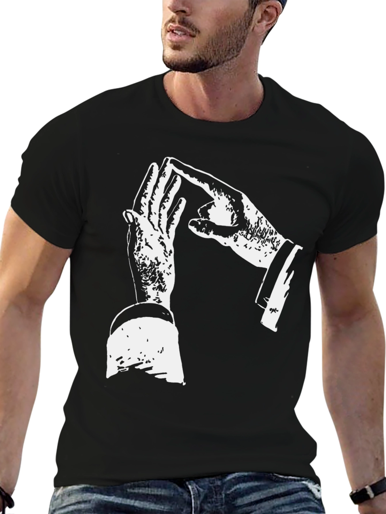 Unique Hand Gesture Graphic Print Black T-Shirt