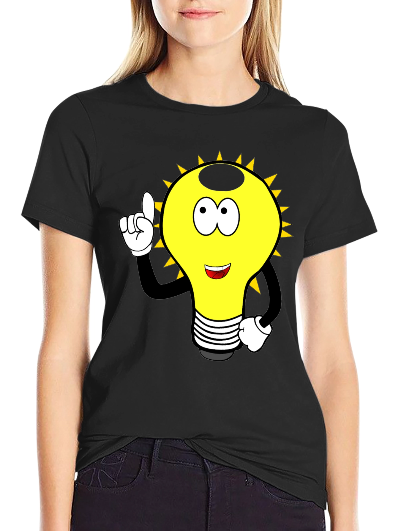 Cartoon Light Bulb Graphic Tee - Black