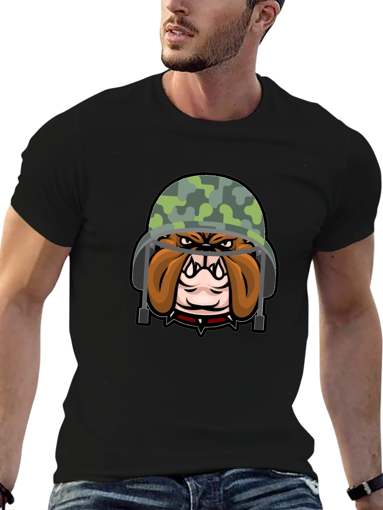 Bulldog Soldier Graphic Tee - Black Cotton T-Shirt