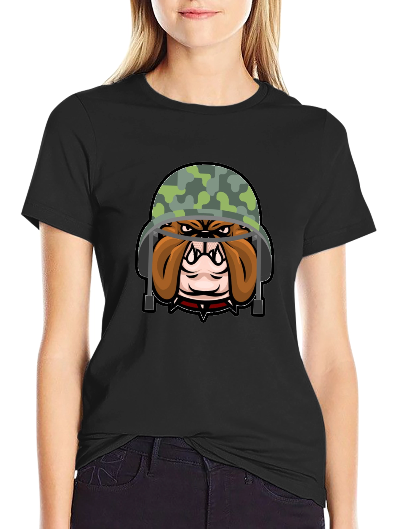Bulldog Soldier Graphic Tee - Black Cotton T-Shirt
