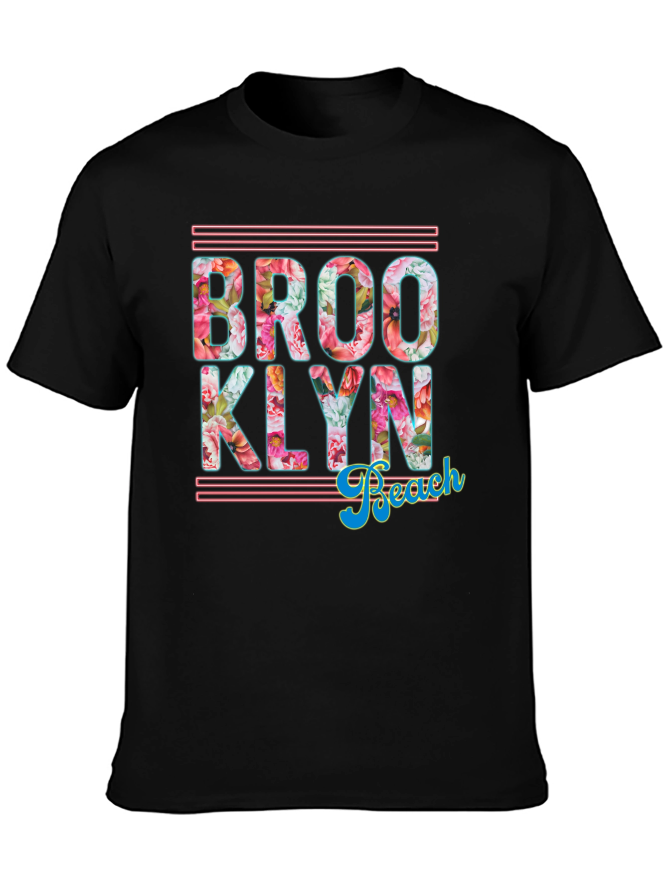 Brooklyn Beach Floral Print Black T-Shirt
