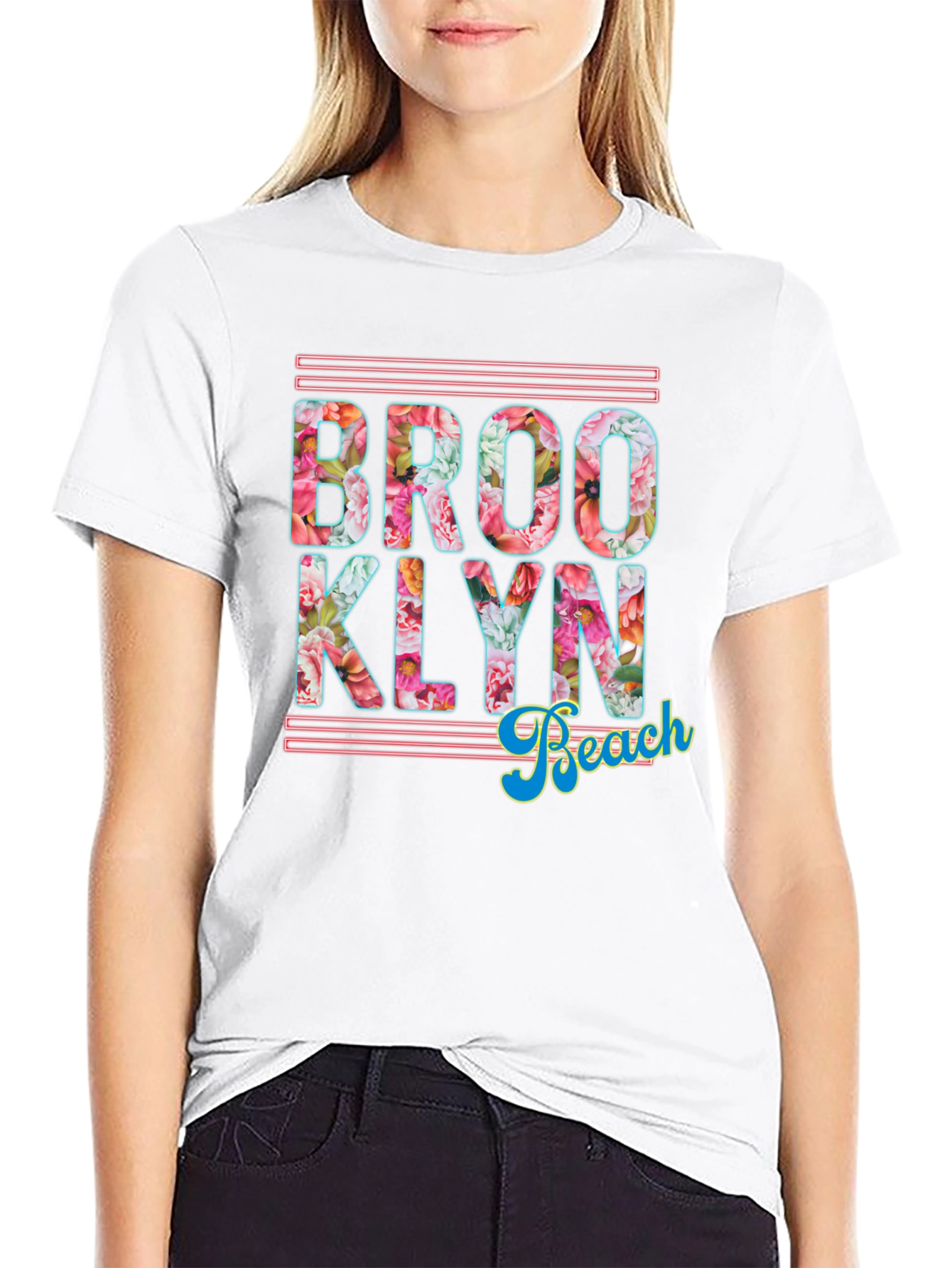 Brooklyn Beach Floral Print Black T-Shirt