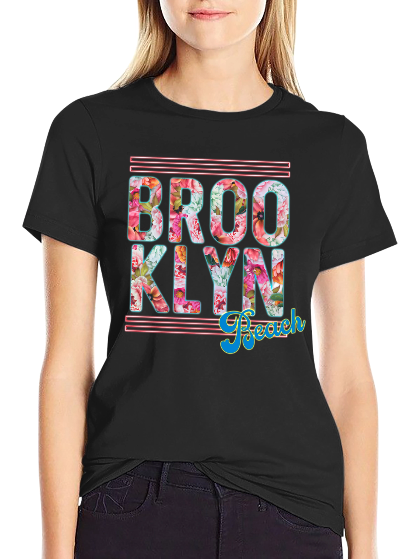 Brooklyn Beach Floral Print Black T-Shirt