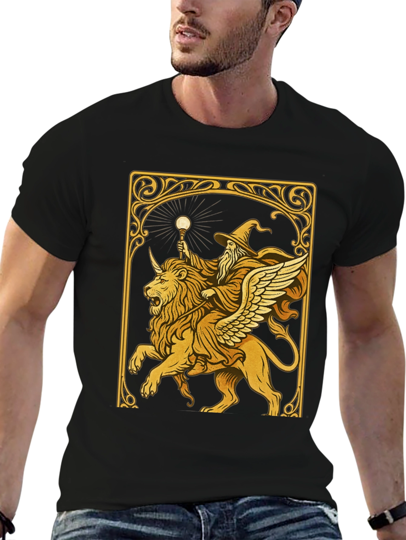 Wizard Riding Lion Graphic Tee - Black