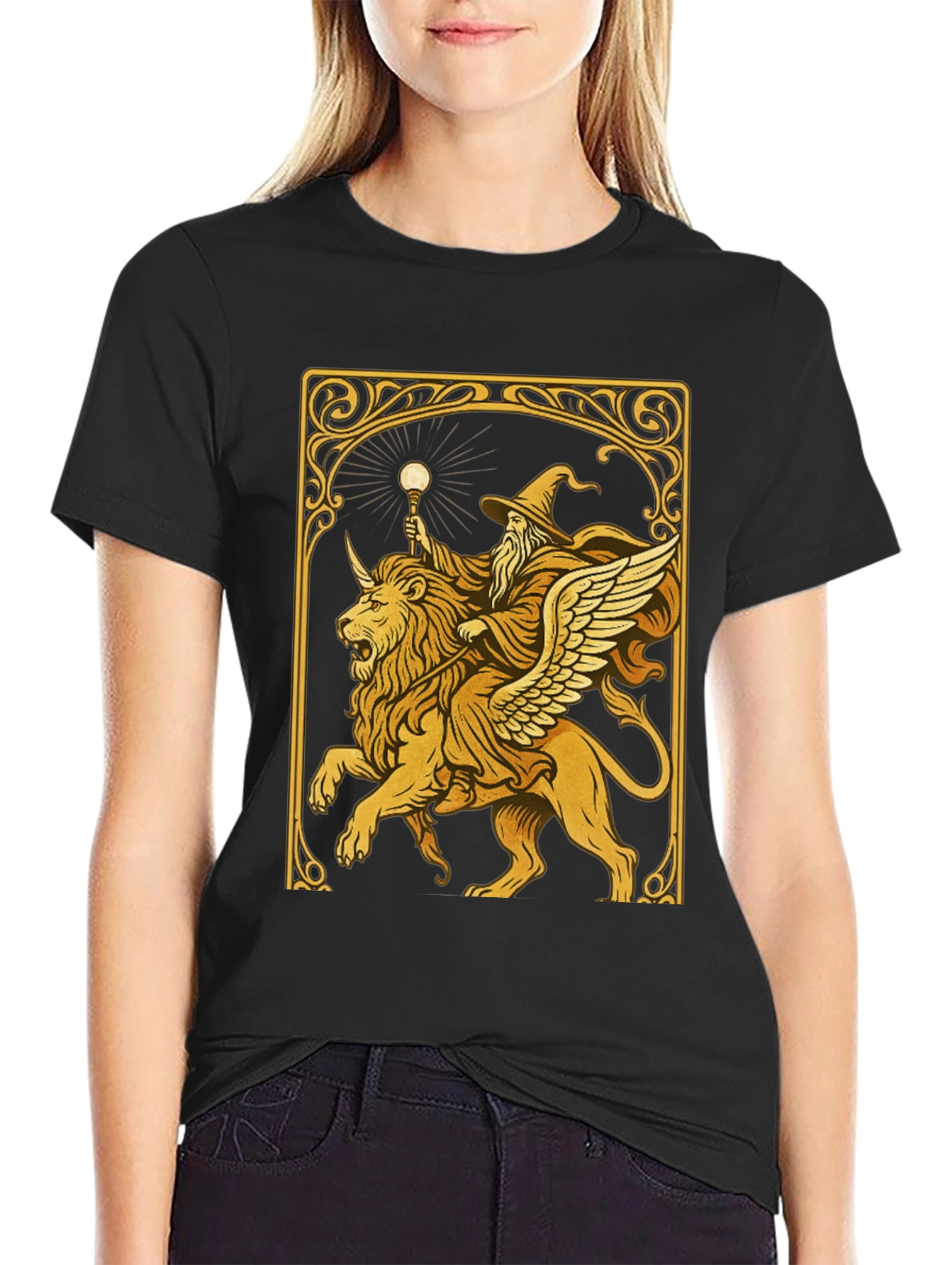 Wizard Riding Lion Graphic Tee - Black