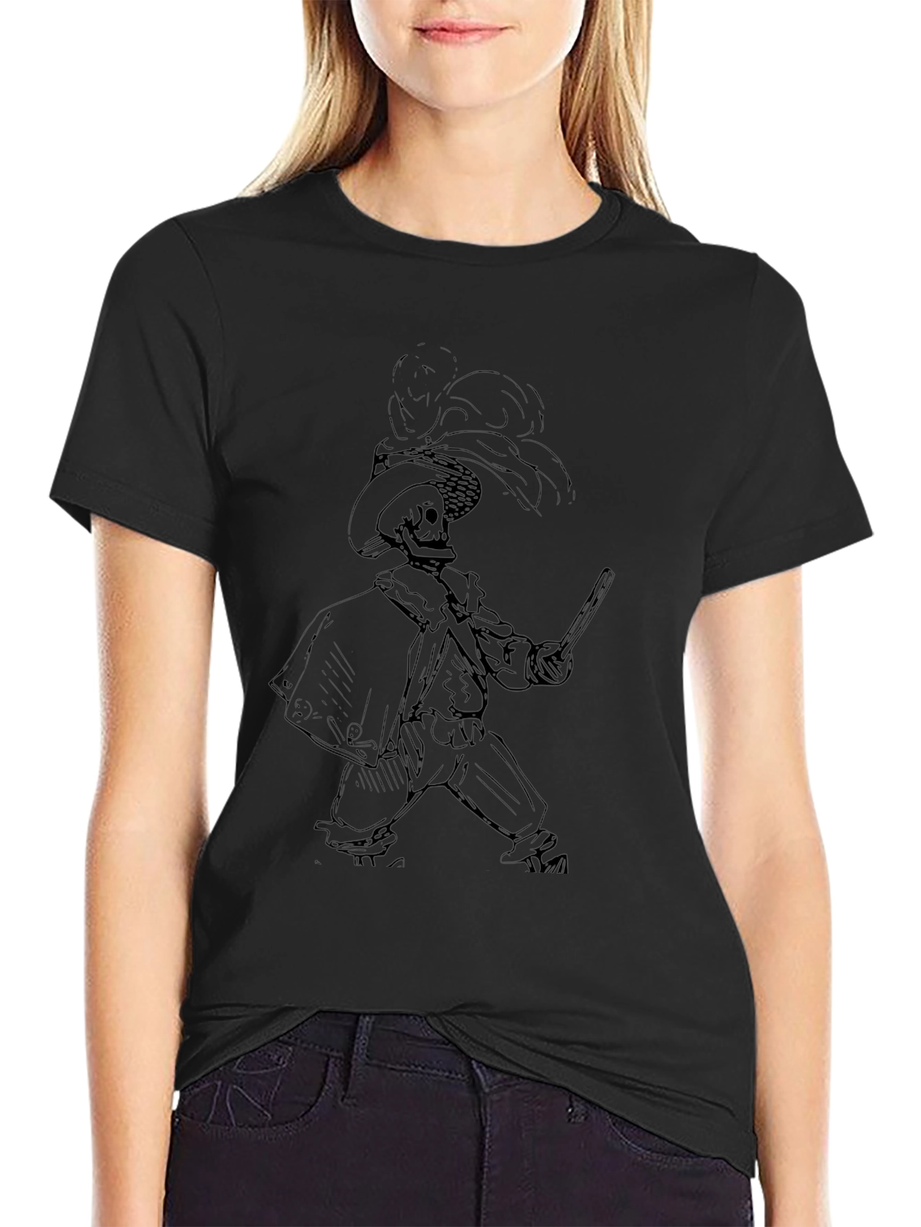 Black T-Shirt with Skeleton Musketeer Design