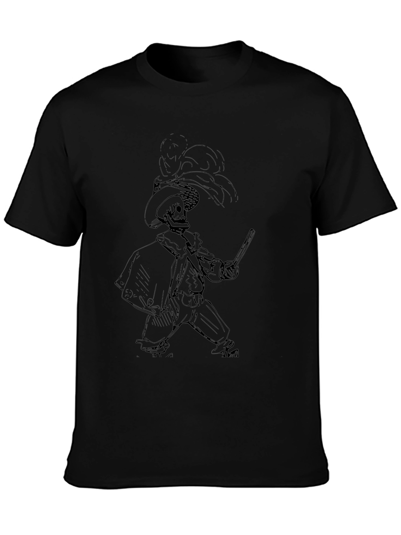 Black T-Shirt with Skeleton Musketeer Design