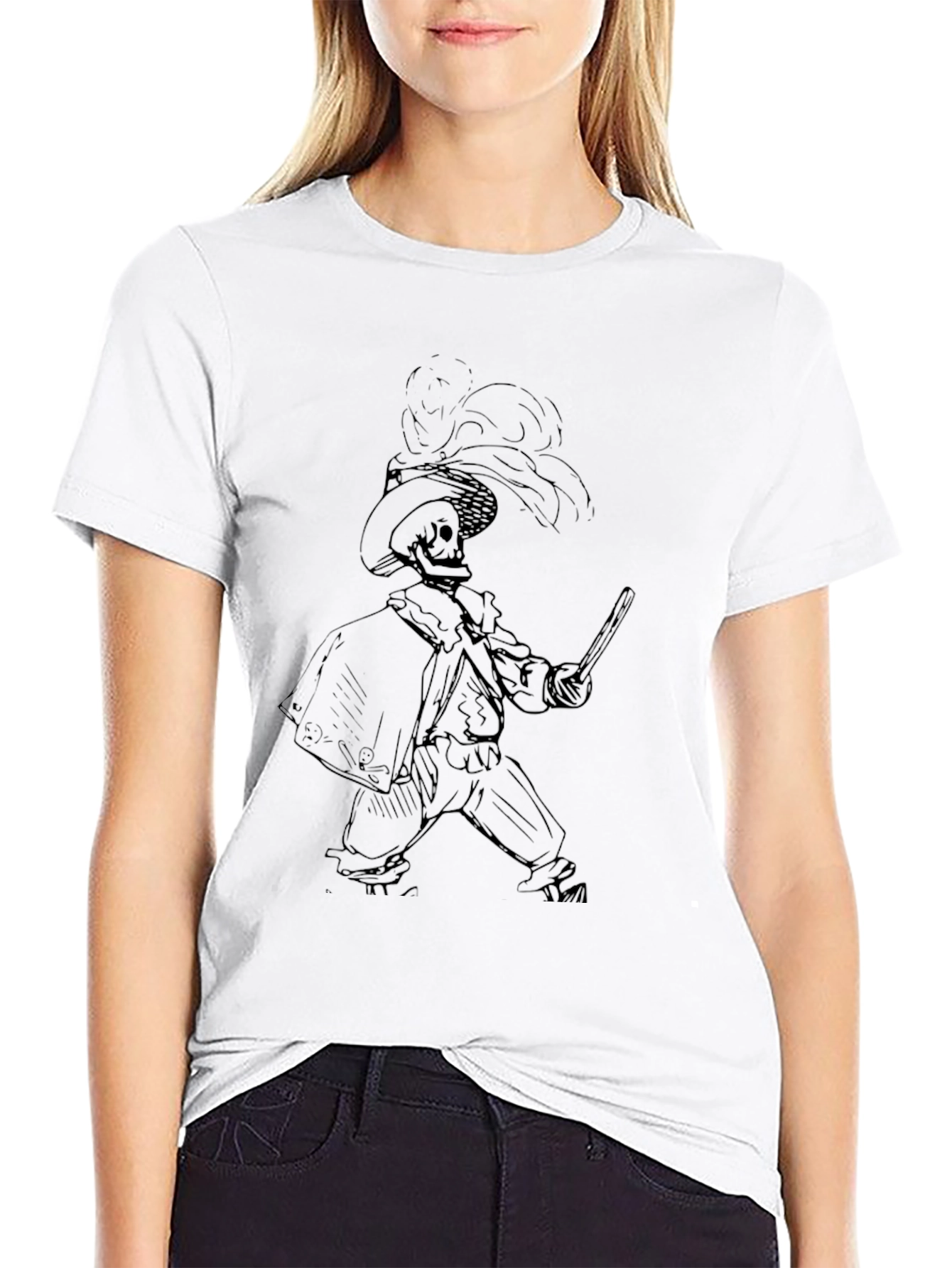 Black T-Shirt with Skeleton Musketeer Design