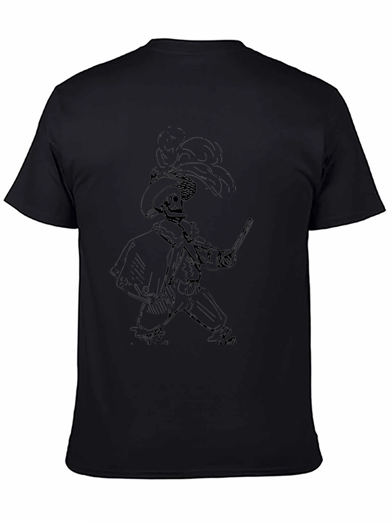 Black T-Shirt with Skeleton Musketeer Design